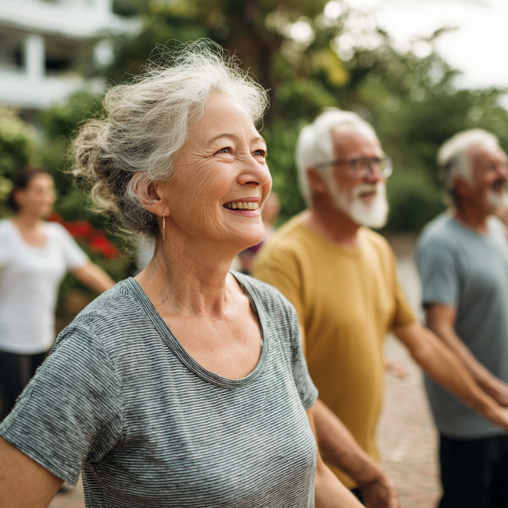 Group of middle-aged and older adults enjoying gentle outdoor movement activities together